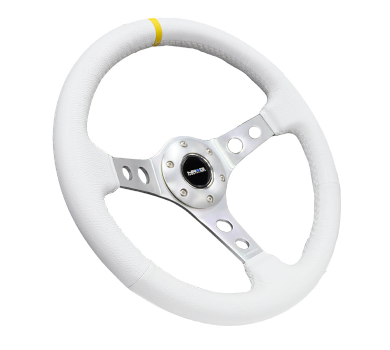NRG Reinforced Steering Wheel (350mm / 3in. Deep) Wht Leather w/Silver Spoke & Single Yellow Mark Steering Wheels NRG