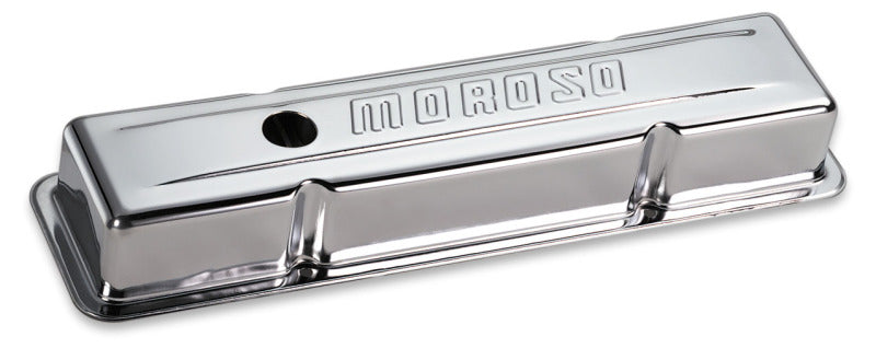 Moroso Chevrolet Small Block Valve Cover - w/Baffle - Stock Height - Stamped Steel Chrome Plated Valve Covers Moroso
