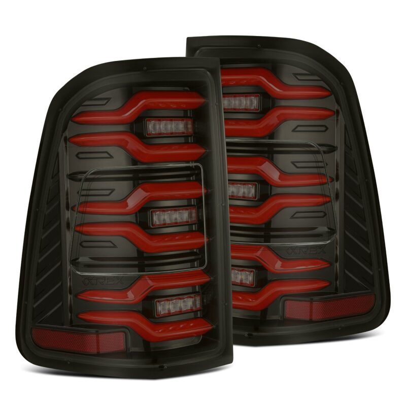 AlphaRex 19-21 Dodge Ram 1500 Luxx-Series LED Tail Lights Black/Red w/Activ Light/Seq Signal Tail Lights AlphaRex