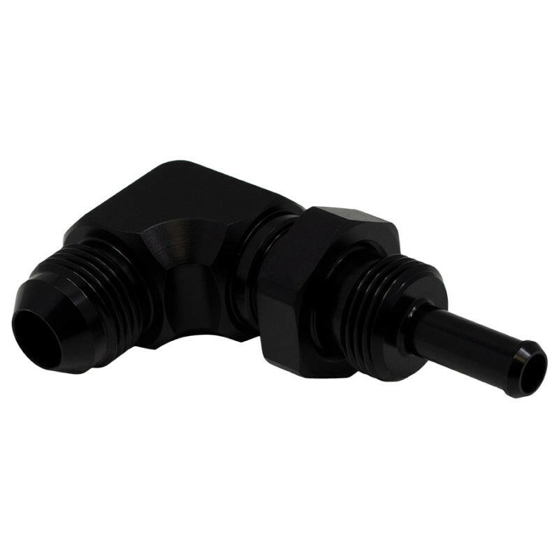 DeatschWerks 8AN Male Flare to 5/16in Male Barb Bulkhead Adapter 90-Degree - Anodized Matte Black Fittings DeatschWerks