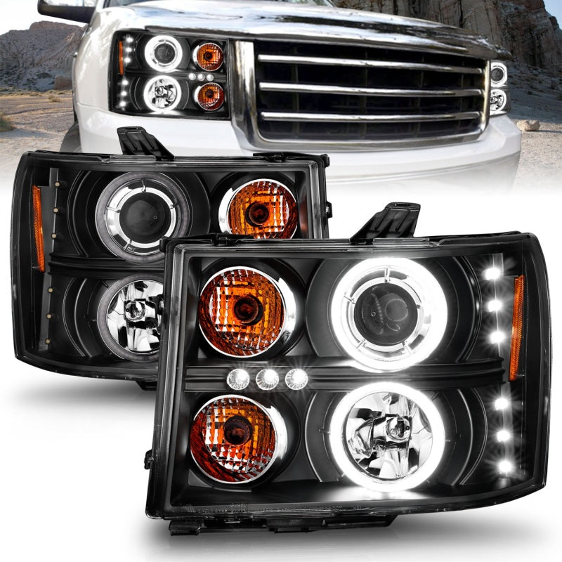 ANZO 2007-2013 GMC Sierra 1500 Projector Headlights w/ Halo Black Headlights ANZO