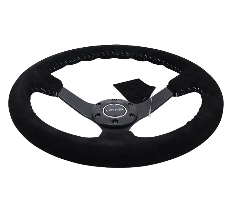 NRG Reinforced Steering Wheel (350mm / 3in. Deep) Blk Suede/Silver BBall Stitch w/5mm Mt. Blk Spokes Steering Wheels NRG