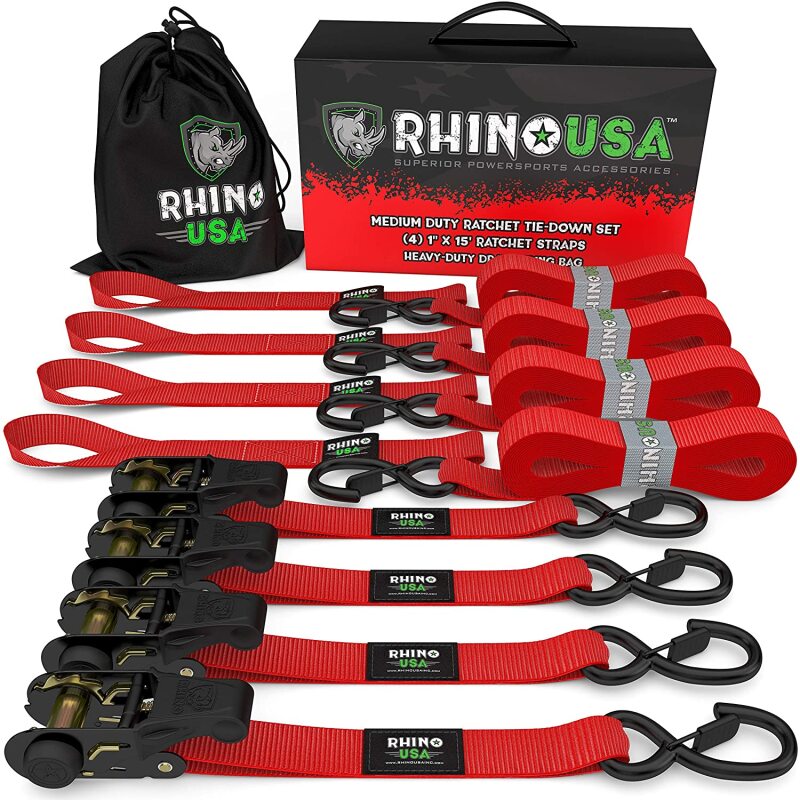 Rhino USA Medium Duty Ratchet Strap Tie-Down 4-Pack (Red) Cargo Tie-Downs Rhino USA