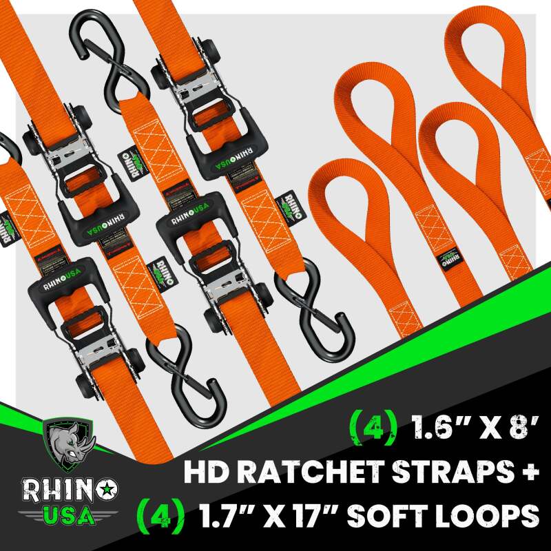Rhino USA Heavy Duty Ratchet Tie-Down 4-Pack (Orange) 1.6In X 8Ft Cargo Tie-Downs Rhino USA
