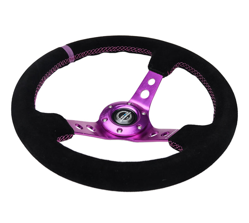 NRG Reinforced Steering Wheel (350mm / 3in. Deep) Black Suede w/Purple Center & Purple Stitching Steering Wheels NRG
