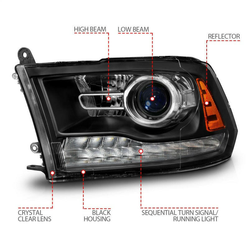 ANZO 09-18 Dodge Ram 1500/2500/3500 LED Plank Style Headlights Switchback + Sequential - Matte Black Headlights ANZO