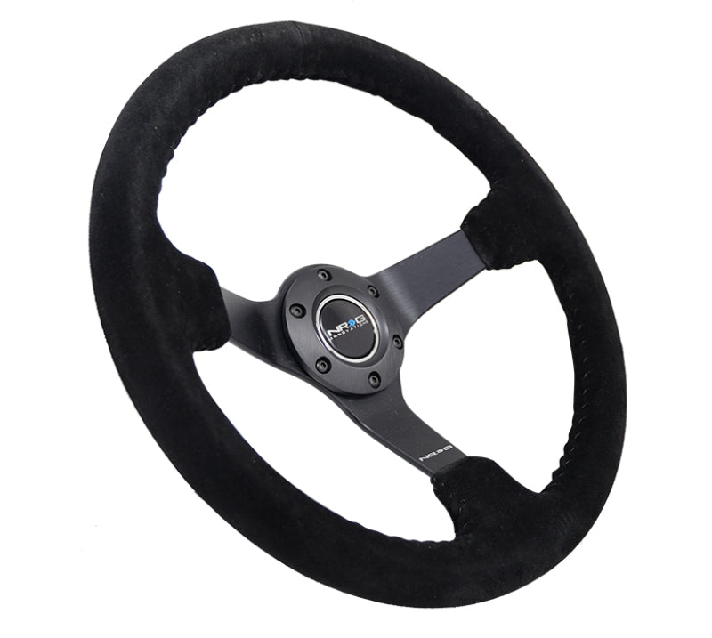 NRG Reinforced Steering Wheel (350mm / 3in. Deep) Blk Suede/Blk Bball Stitch w/5mm Matte Black Spoke Steering Wheels NRG