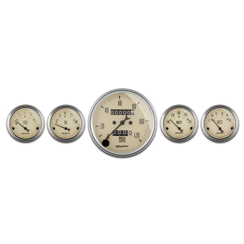 AutoMeter Gauge Kit 5 Pc. 3-1/8in. & 2-1/16in. Mech. Speedometer Antique Beige Gauges AutoMeter