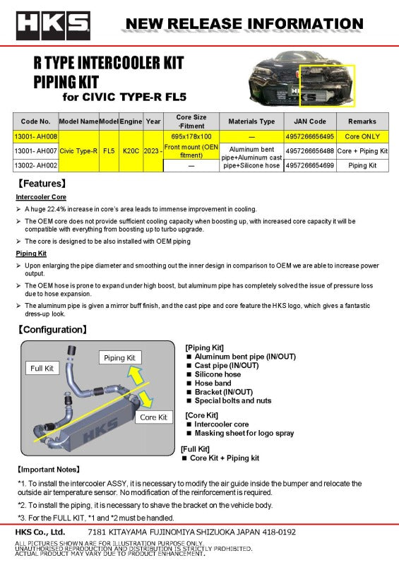 HKS Civic Type R INTERCOOLER KIT FL5 W/O Intercoolers HKS