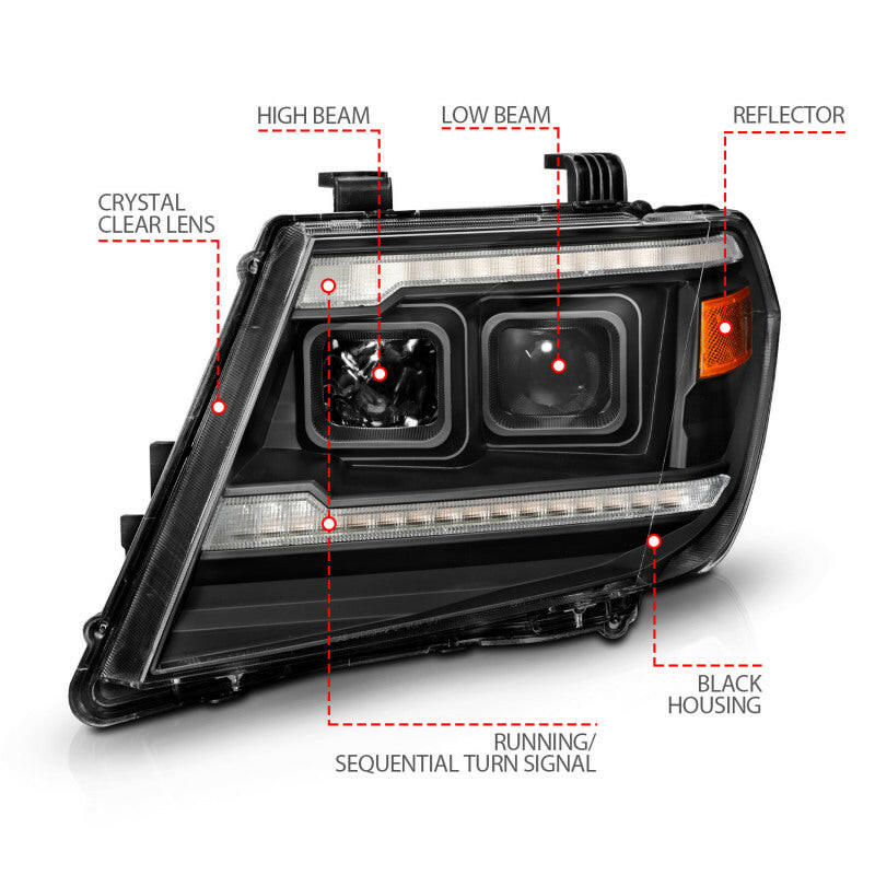 ANZO 09-20 Nissan Frontier Black Projector Plank Style DRL w/ Switchback & Sequential LED DRL Headlights ANZO
