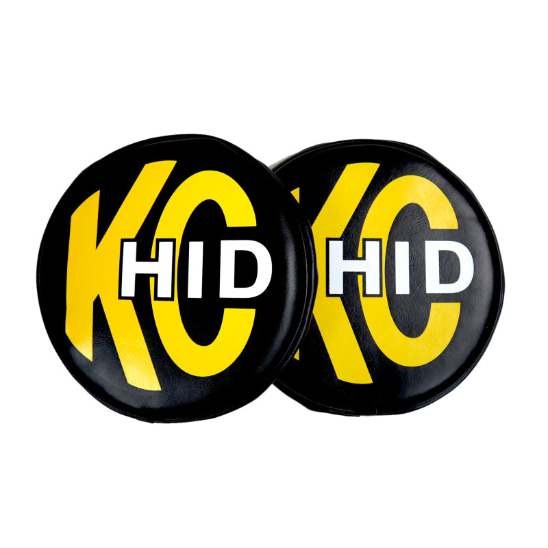 KC HiLiTES 8in. Round Soft Cover HID (Pair) - Black w/Yellow Brushed KC Logo Light Covers and Guards KC HiLiTES