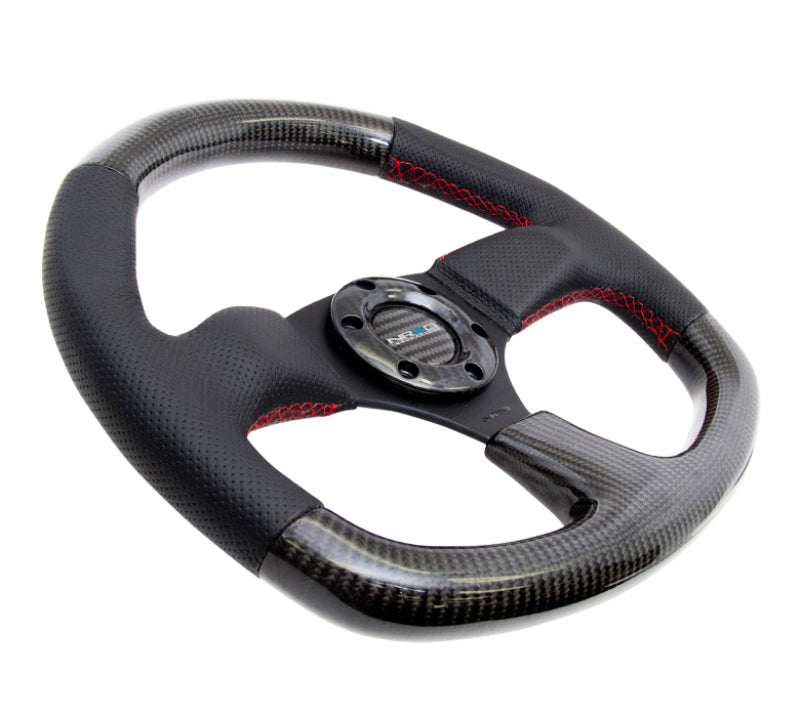 NRG Carbon Fiber Steering Wheel (320mm) Flat Bottom & Leather Trim w/Red Stitching Steering Wheels NRG