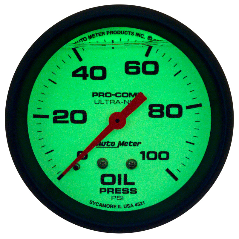 Autometer Ultra-Nite 2-5/8in 0-100 PSI Liquid Filled Mechanical Glow In Dark Oil Pressure Gauge Gauges AutoMeter