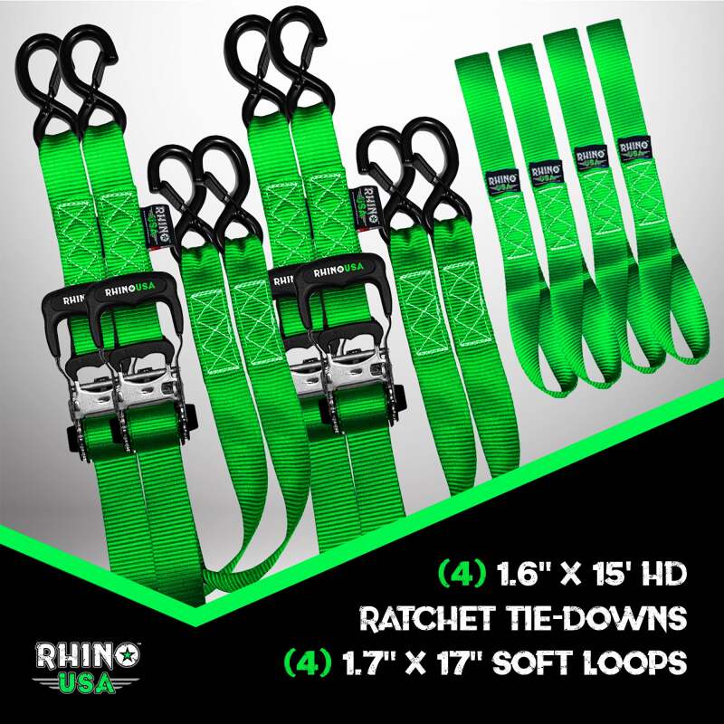 Rhino USA Heavy Duty Ratchet Tie-Down 4-Pack Green 1.6In X 15Ft Cargo Tie-Downs Rhino USA