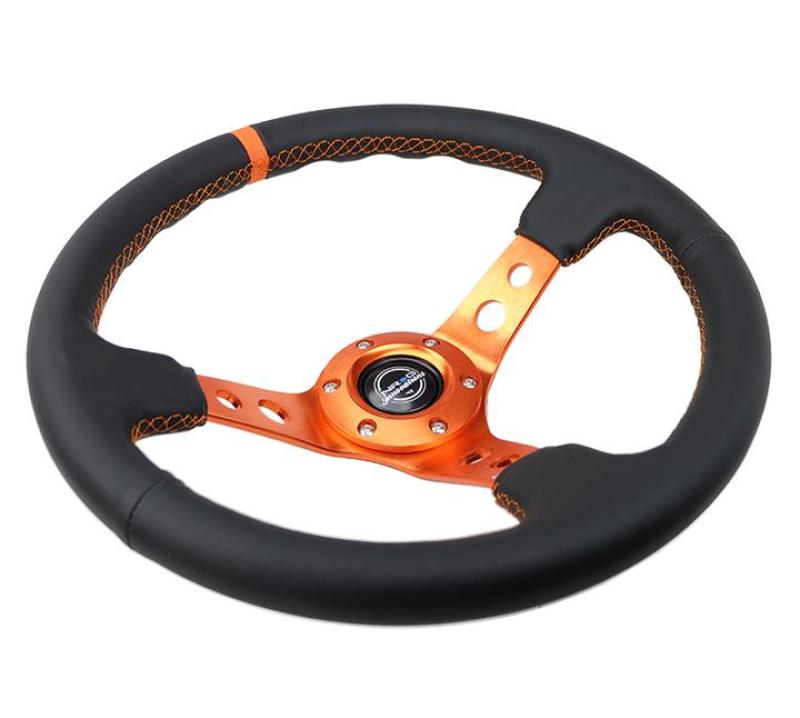 NRG Reinforce Steering Wheel (350mm / 3in. Deep) Blk Leather, Orange Center Mark w/ Orange Stitching Steering Wheels NRG