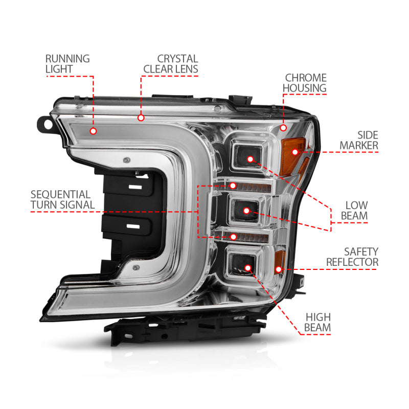 ANZO 18-20 Ford F-150 Full Led Projector Light Bar Style Headlights - Chrome Amber Headlights ANZO