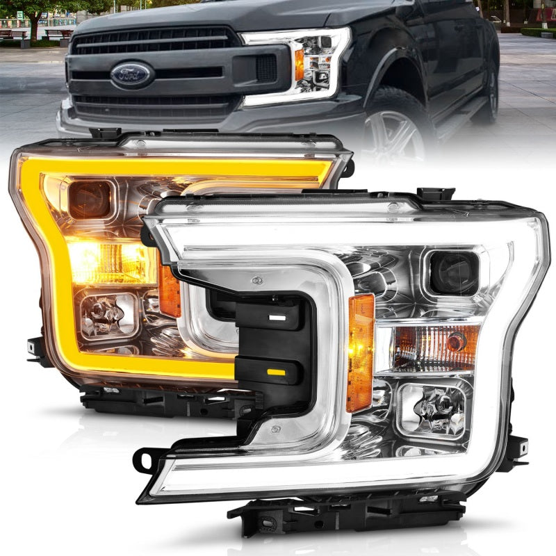 ANZO 2018-2020 Ford F-150 Projector Headlight w/Plank Style Switchback Chrome Housing Headlights ANZO
