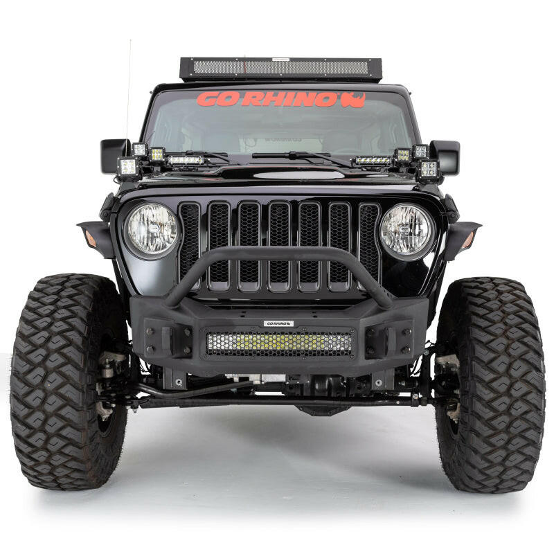 Go Rhino 07-20 Jeep Wrangler JL/JLU/JK/JKU/Gladiator JT Rockline Front Stubby Bumper w/ Overrider Bumpers - Steel Go Rhino