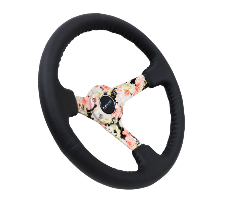 NRG Reinforced Steering Wheel (350mm / 3in. Deep) Blk Leather Floral Dipped w/ Blk Baseball Stitch Steering Wheels NRG