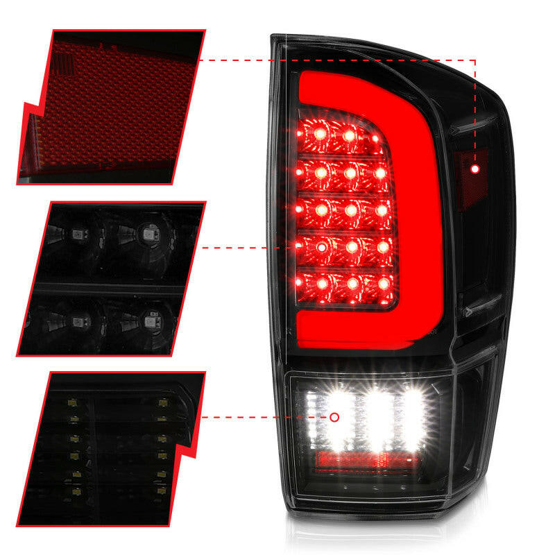 ANZO 16-21 Toyota Tacoma LED Tail Lights - w/ Light Bar Sequential Black Housing & Smoke Lens Tail Lights ANZO