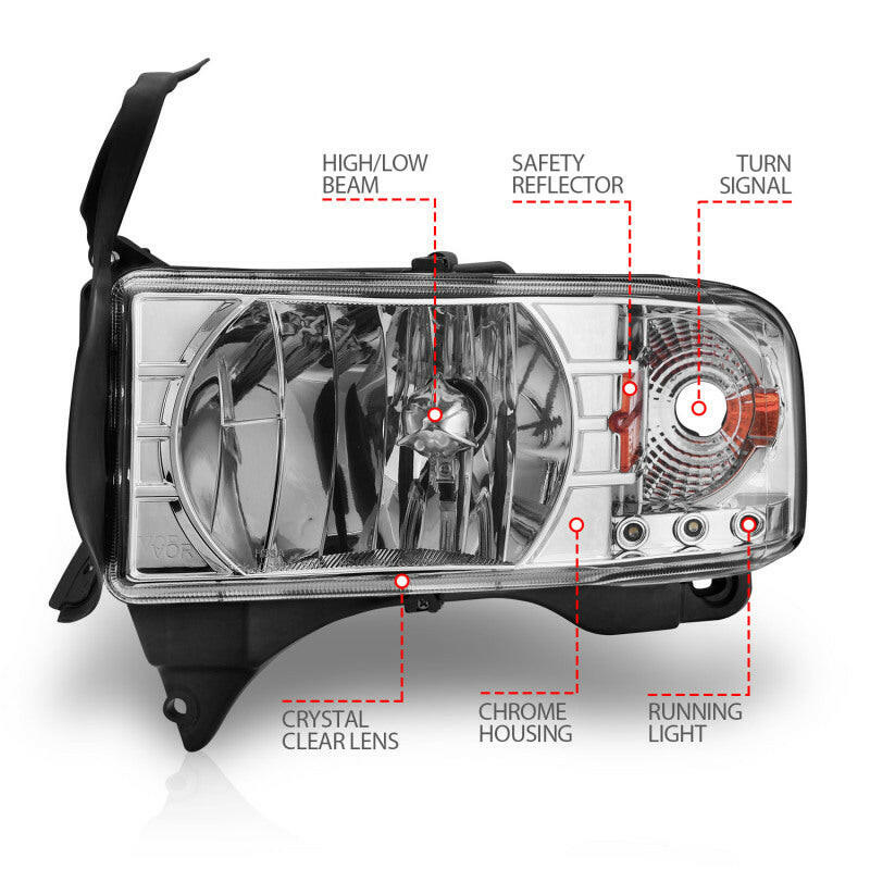 ANZO 1994-2001 Dodge Ram Crystal Headlights Chrome w/ LED Headlights ANZO