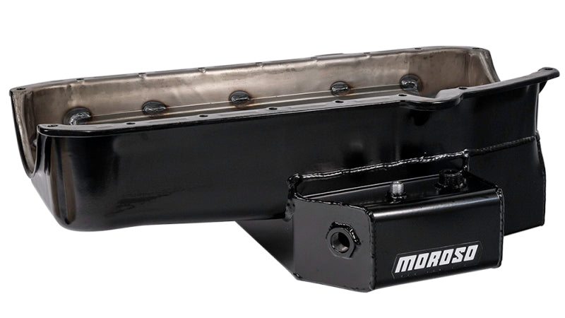 Moroso Pre-80 Chevrolet SBC (w/2 Pc Seal & Low Clearance) Wet Sump 7qt 7in Steel Oil Pan - Black Oil Pans Moroso