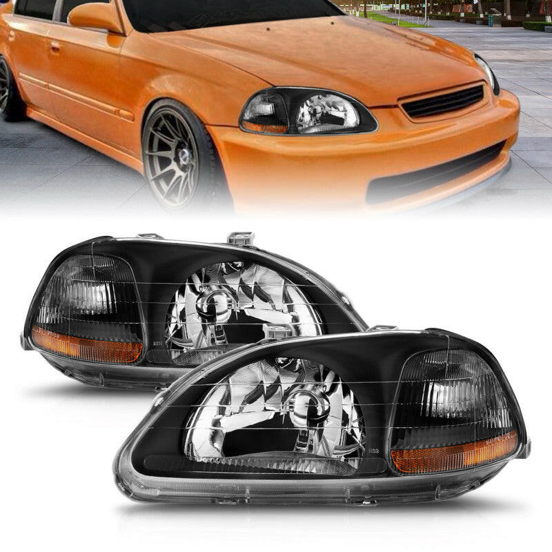 ANZO 1996-1998 Honda Civic Crystal Headlights Black Headlights ANZO