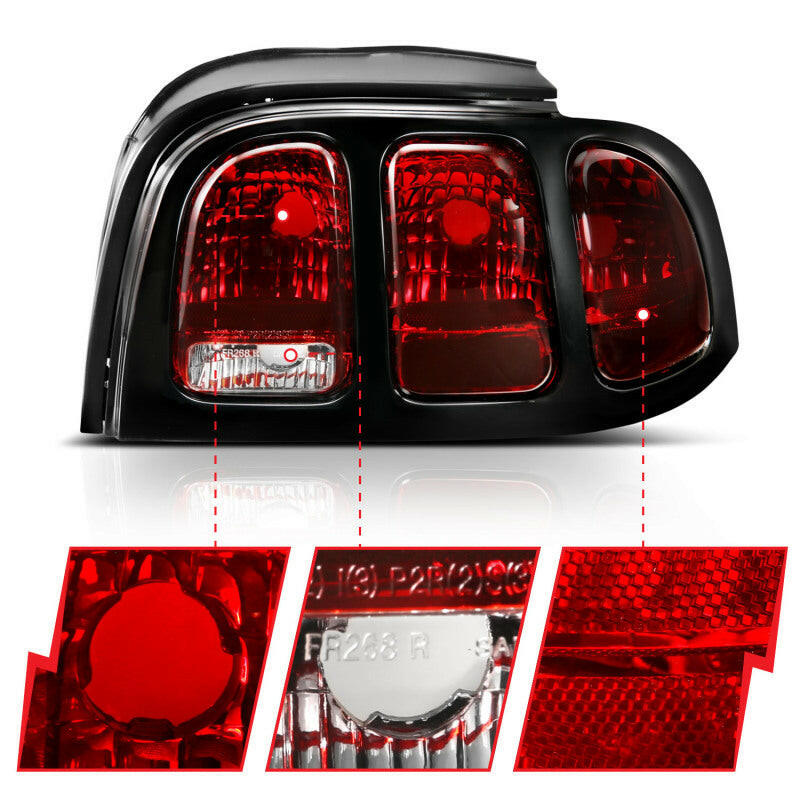 ANZO 1994-1998 Ford Mustang Taillight Dark Red Lens (OE Style) Tail Lights ANZO