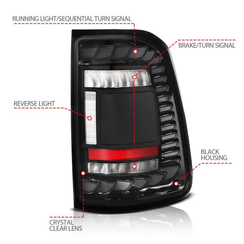 ANZO 19-24 RAM 1500 (Factory LED Models ONLY) Full LED Tail Lights SeqSig Black - Pair Tail Lights ANZO