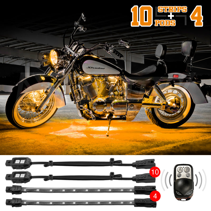 XK Glow Strips Single Color XKGLOW LED Accent Light Motorcycle Kit Amber - 10xPod + 4x8In Light Accessories and Wiring XKGLOW