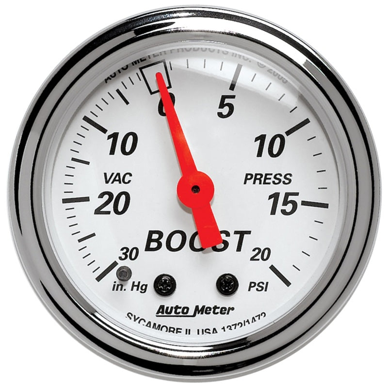 Autometer Arctic White 2-1/16in 30 in. Hg/20 PSI Full Sweep Mechanical Vacuum/Boost Pressure Gauge Gauges AutoMeter