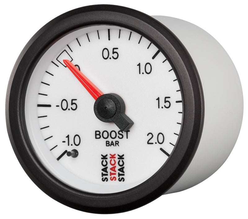 Autometer Stack 52mm -1 to +2 Bar T-Fitting 0.187in Barb (M) Mechanical Boost Pressure Gauge - White Gauges AutoMeter