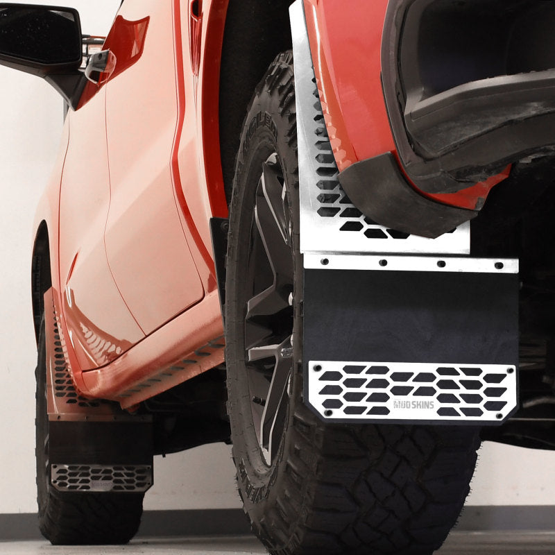 Putco 15-19 Chevy Silv/Sierra HD Dually (Front) - Set of 2 Mud Skins - Polished SS w/ Hex Shield Mud Flaps Putco