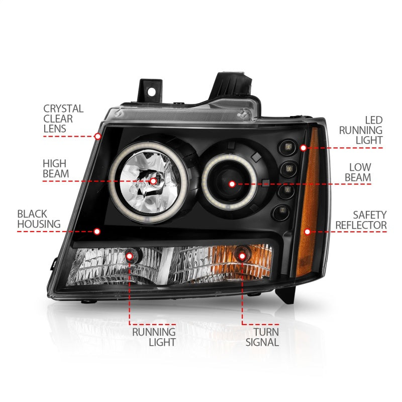 ANZO 2007-2013 Chevrolet Avalanche Projector Headlights w/ Halo Black (CCFL) Headlights ANZO