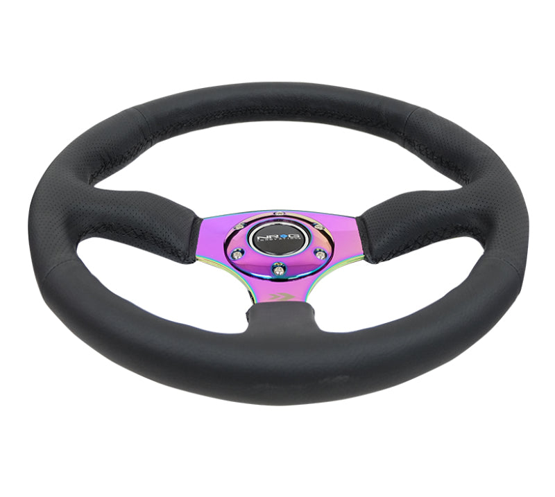 NRG Reinforced Steering Wheel (350mm / 2.5in. Deep) Leather Race Comfort Grip w/4mm Neochrome Spokes Steering Wheels NRG