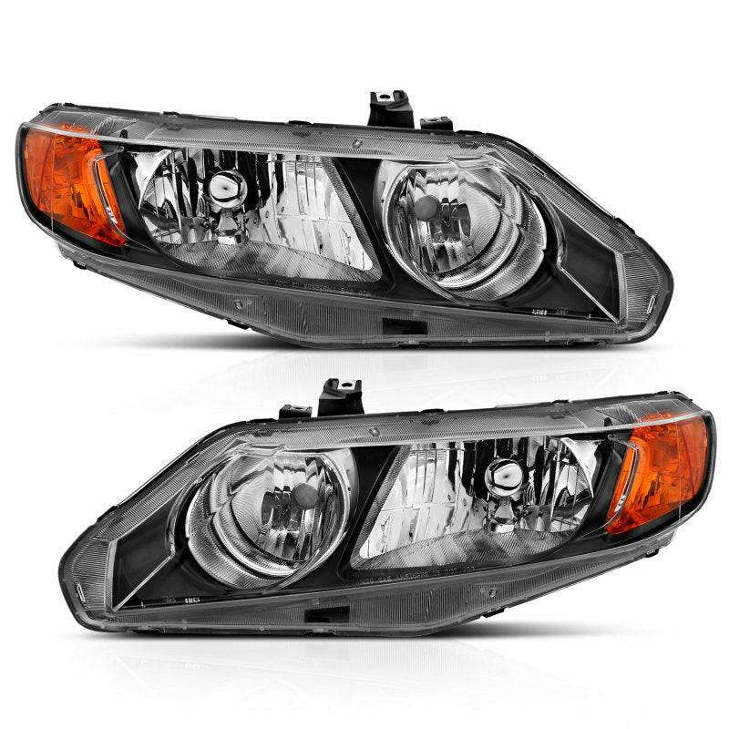 ANZO 2006-2011 Honda Civic 4 Door Crystal Headlight Black Amber (OE Replacement) Headlights ANZO