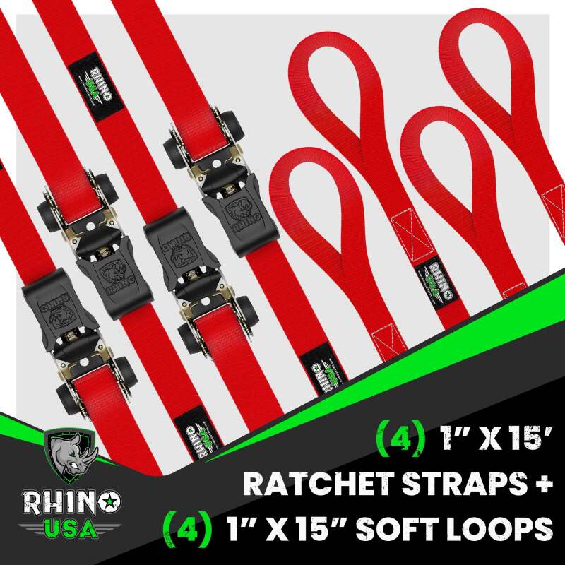 Rhino USA Medium Duty Ratchet Strap Tie-Down 4-Pack (Red) Cargo Tie-Downs Rhino USA