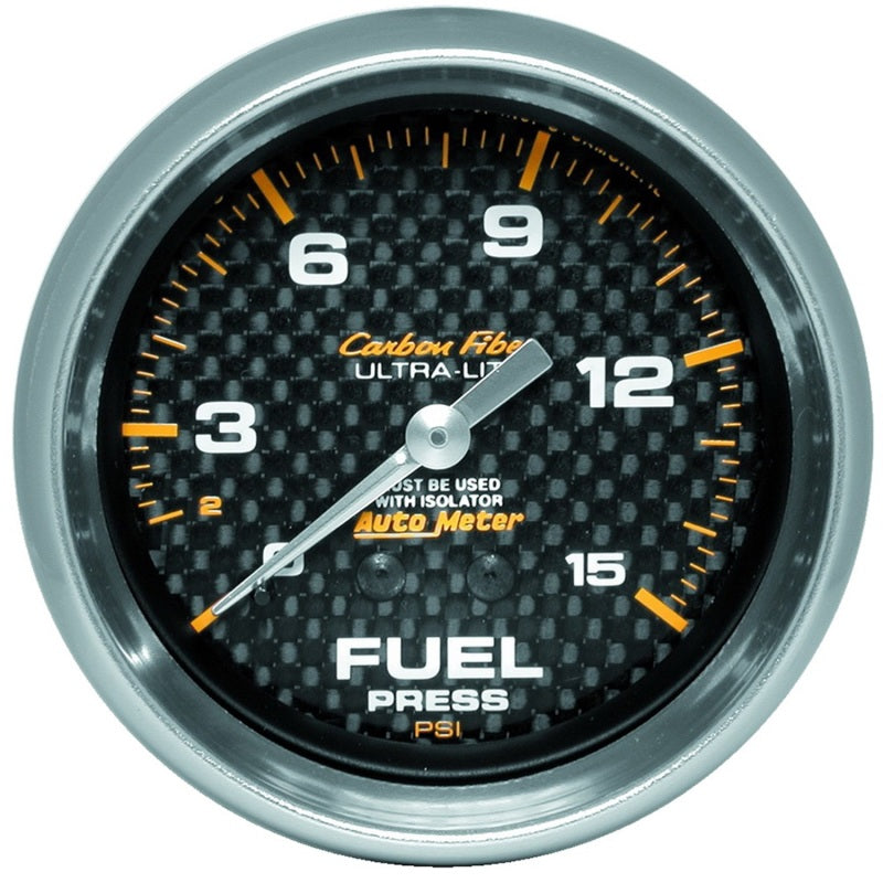 AutoMeter Gauge Fuel Pressure 2-5/8in. 15PSI Mech. Incl. Isolator Carbon Fiber Gauges AutoMeter