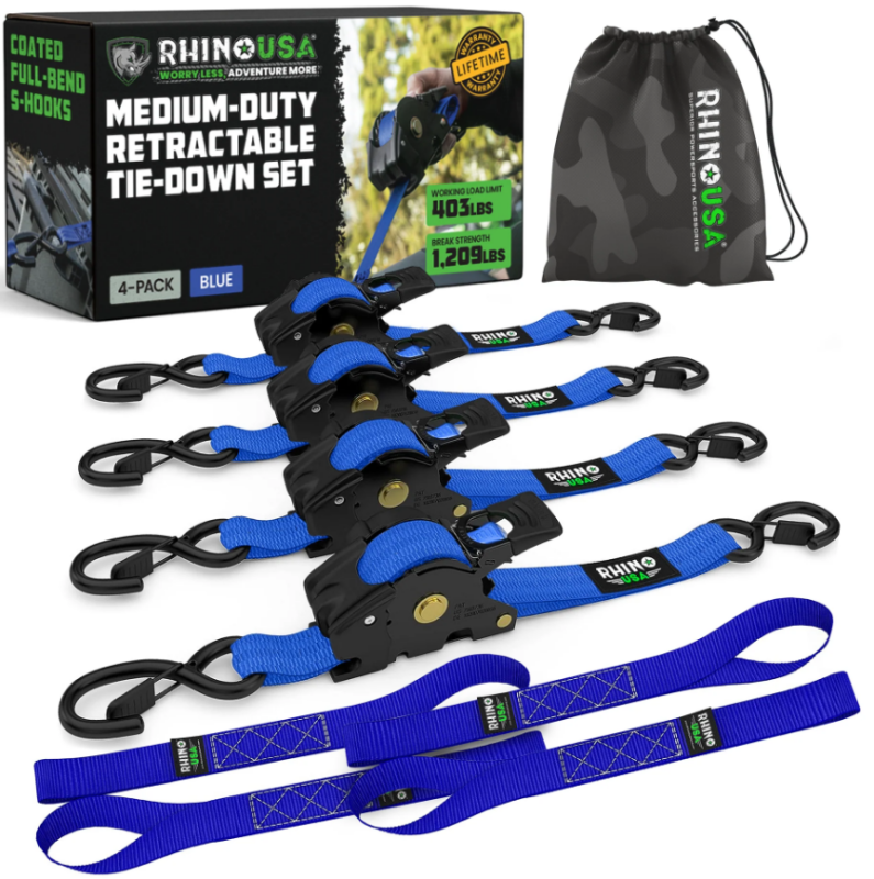 Rhino USA Retractable Ratchet Straps (2Pk 1Inx10Ft) Blue Tow Straps Rhino USA