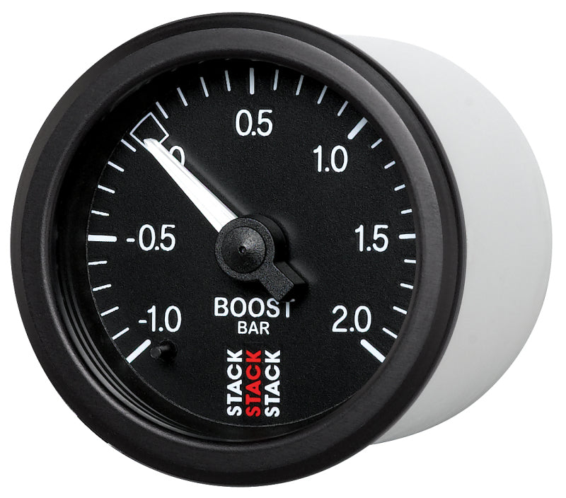 Autometer Stack 52mm -1 to +2 Bar T-Fitting 0.187in Barb (M) Mechanical Boost Pressure Gauge - Black Gauges AutoMeter
