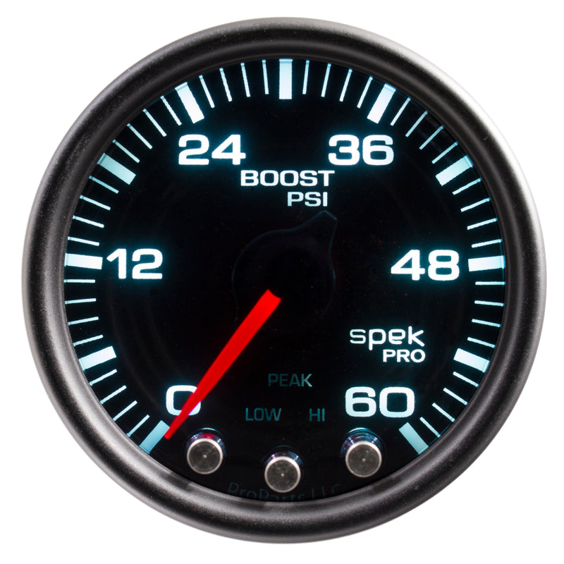 Autometer Spek-Pro Gauge Boost 2 1/16in 60psi Stepper Motor W/Peak & Warn Blk/Smoke/Black Gauges AutoMeter