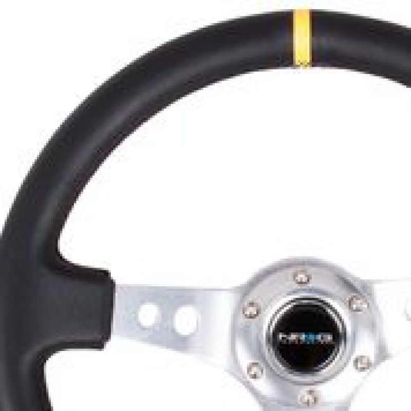 NRG Reinforced Steering Wheel (350mm / 3in. Deep) Blk Leather w/Circle Cut Spokes & Single Yellow CM Steering Wheels NRG
