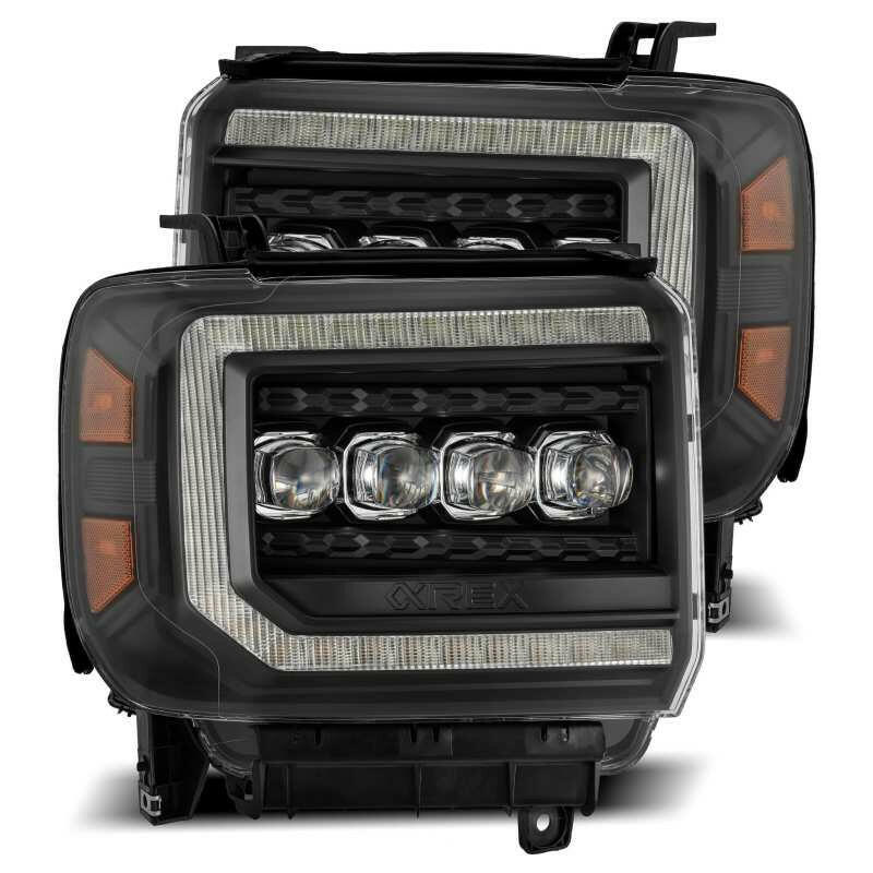 AlphaRex 14-18 GMC Sierra NOVA LED Proj Headlights Plank Style Black w/Activ Light/Seq Signal/DRL Headlights AlphaRex