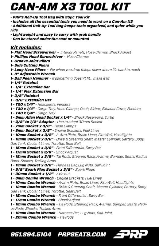 PRP 35pc Can-Am Roll Up Tool bag Tool kit - Black Tool Storage PRP Seats