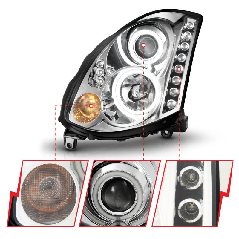 ANZO 2003-2007 Infiniti G35 Projector Headlights w/ Halo Chrome (CCFL) (HID Compatible) Headlights ANZO