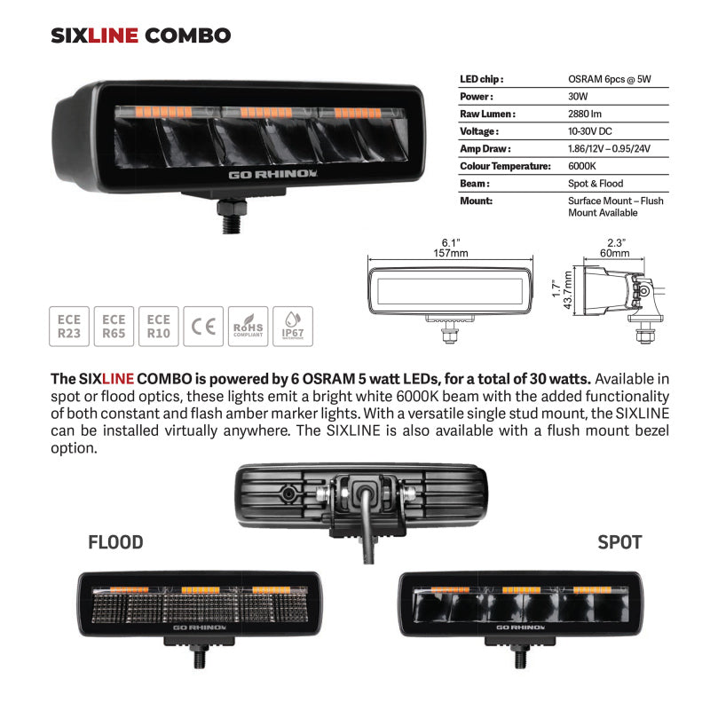 Go Rhino Xplor Blackout Combo Series Sixline LED Flood Lights w/Amber (Surface Mount) - Blk (Pair) Light Bars & Cubes Go Rhino