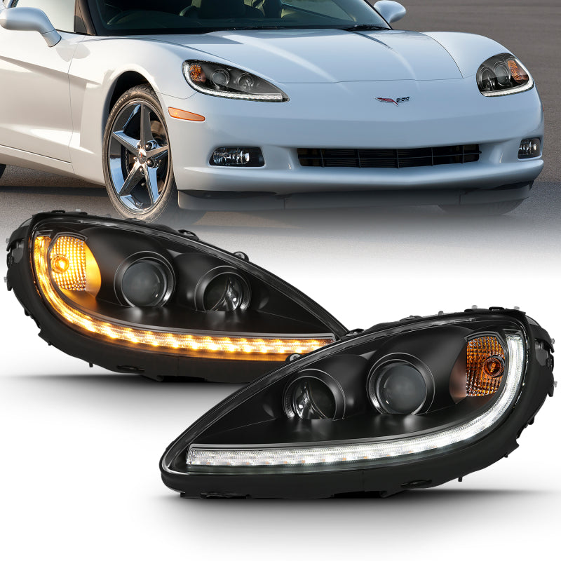 ANZO 2005-2013 Chevy Corvette Projector Plank Style Switchback H.L. Black Amber Headlights ANZO