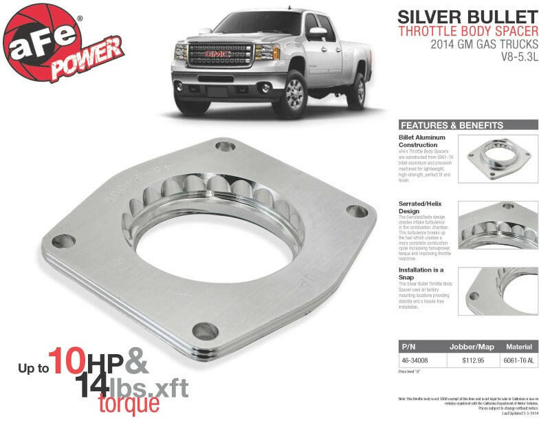 aFe Silver Bullet Throttle Body Spacers TBS 2014 GM Silverado/Sierra 1500 V8 5.3L Throttle Body Spacers aFe