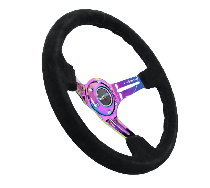 NRG Reinforced Steering Wheel (350mm / 3in. Deep) Blk Suede/Blk Stitch w/Neochrome Slits Steering Wheels NRG