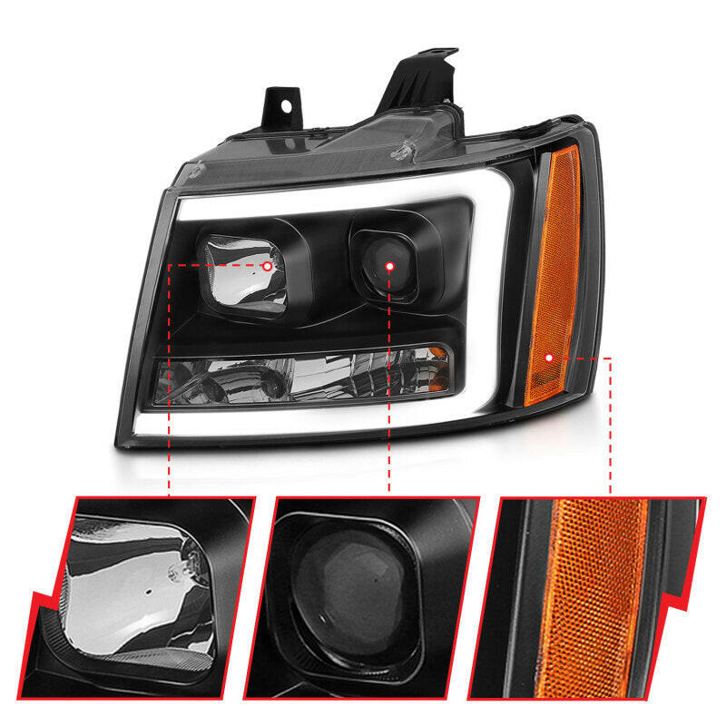 ANZO 07-14 Chevy Tahoe Projector Headlights w/ Plank Style Design Black w/ Amber Headlights ANZO